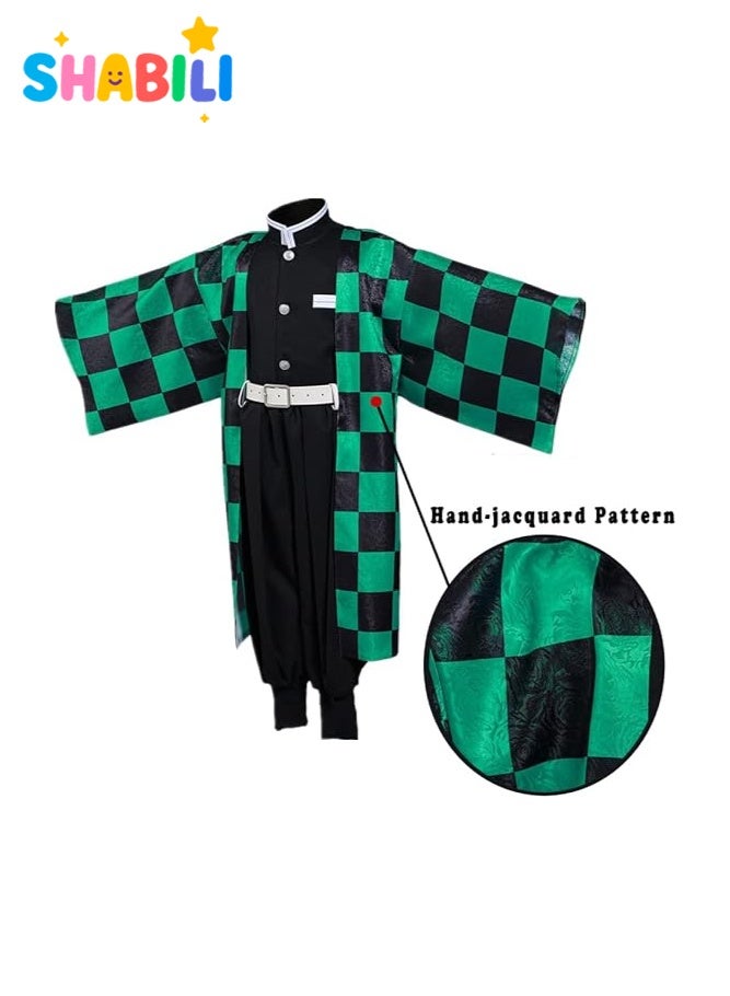 SHABILI Tanjiro Kamado Demon Slayer Kimetsu no Yaiba Cosplay Costume Set for Kids, Linen Checkered Kimono Outfit for Boys Role Play, Halloween Parties, School Events and Performances, Ideal Anime Gift for Fans (Green) - Image 5