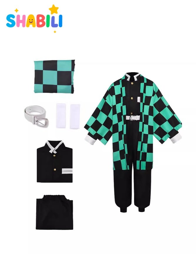 SHABILI Tanjiro Kamado Demon Slayer Kimetsu no Yaiba Cosplay Costume Set for Kids, Linen Checkered Kimono Outfit for Boys Role Play, Halloween Parties, School Events and Performances, Ideal Anime Gift for Fans (Green) - Image 1
