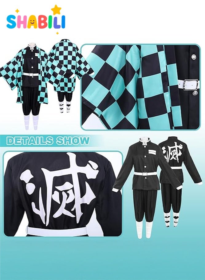 SHABILI Tanjiro Kamado Demon Slayer Kimetsu no Yaiba Cosplay Costume Set for Kids, Linen Checkered Kimono Outfit for Boys Role Play, Halloween Parties, School Events and Performances, Ideal Anime Gift for Fans (Green) - Image 2