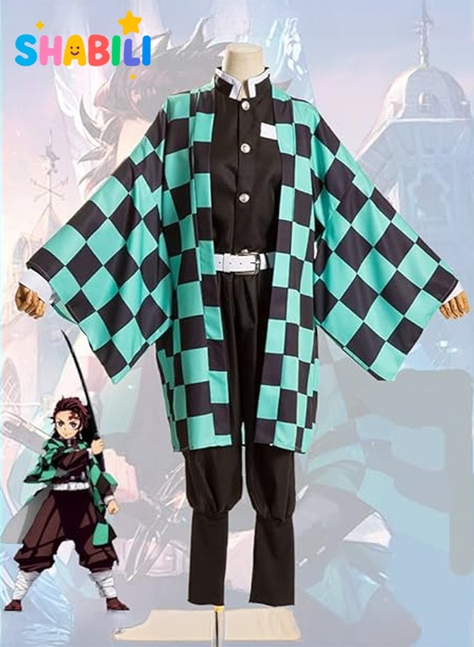 SHABILI Tanjiro Kamado Demon Slayer Kimetsu no Yaiba Cosplay Costume Set for Kids, Linen Checkered Kimono Outfit for Boys Role Play, Halloween Parties, School Events and Performances, Ideal Anime Gift for Fans (Green) - Image 4