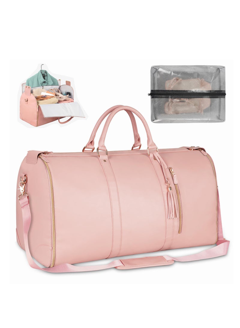 KASTWAVE Carry On Garment Bag, Foldable PU Leather Duffle Bag for Women, Large Waterproof Garment Bags for Travel with Shoe Pouch, 2 in 1 Hanging Suitcase Suit Travel Essentials, Gifts for Women (Pink) - Image 1
