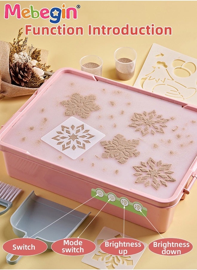 MEBEGIN Kids Sand Painting Table for Creative Art, Sand Painting Light Box with Mini Broom, Dustpan, Measuring Cup and Other Accessories, Sensory Light Table with 3 Levels of Brightness, Fun Craft Kit, 38*28.5*10cm  - Image 3