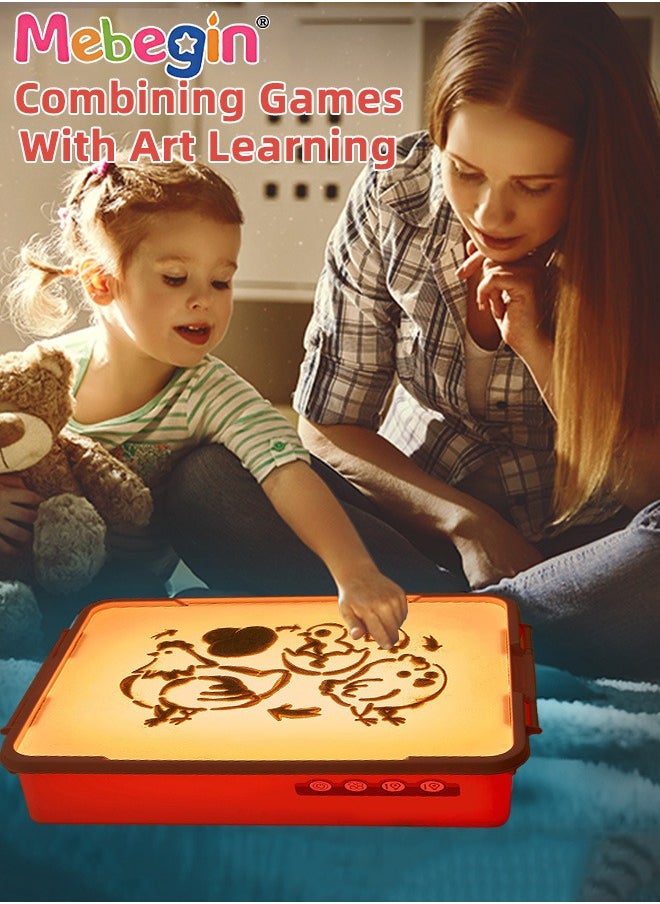 MEBEGIN Kids Sand Painting Table for Creative Art, Sand Painting Light Box with Mini Broom, Dustpan, Measuring Cup and Other Accessories, Sensory Light Table with 3 Levels of Brightness, Fun Craft Kit, 38*28.5*10cm  - Image 5