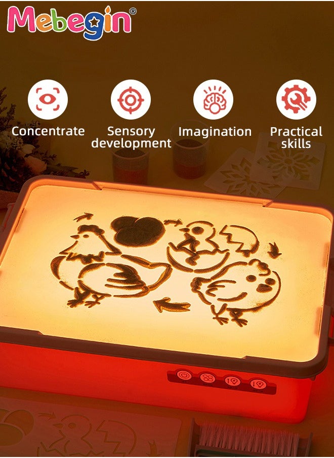 MEBEGIN Kids Sand Painting Table for Creative Art, Sand Painting Light Box with Mini Broom, Dustpan, Measuring Cup and Other Accessories, Sensory Light Table with 3 Levels of Brightness, Fun Craft Kit, 38*28.5*10cm  - Image 4
