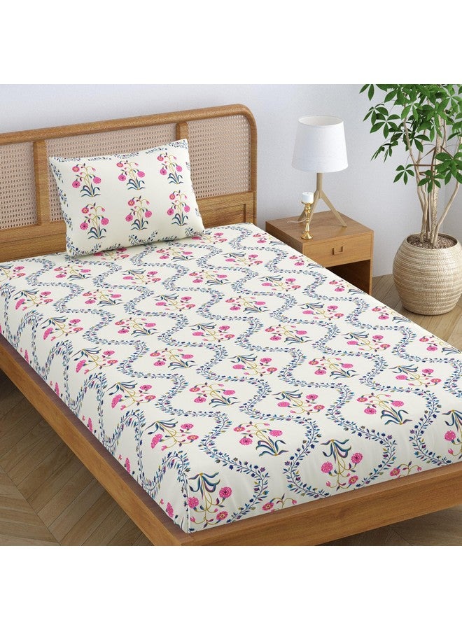 SheetKart Pure Cotton Floral Printed Jaipuri Bedsheet for Single Bed with 1 Pillow Cover - Pink Lily - Image 1