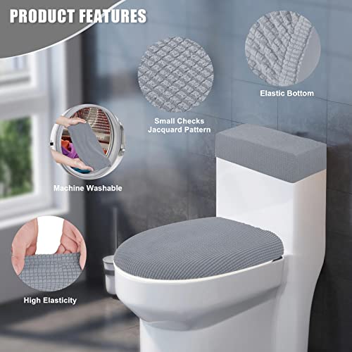 AZHCHKE Toilet Lid Cover and Toilet Tank Cover Stretch Toilet Covers Set for Bathroom, Polyester Spandex Jacquard Fabric, Machine Washable, with Elastic Bottom, Light Gray - Image 3
