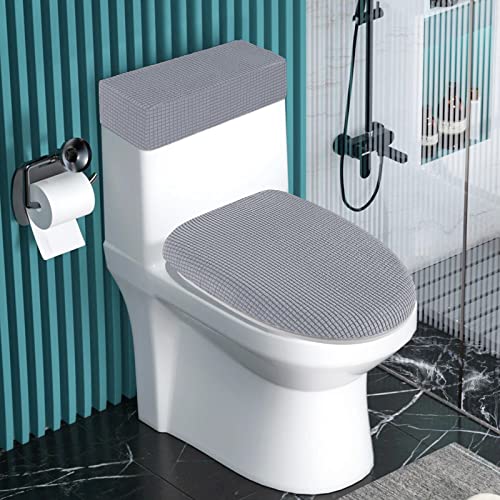 AZHCHKE Toilet Lid Cover and Toilet Tank Cover Stretch Toilet Covers Set for Bathroom, Polyester Spandex Jacquard Fabric, Machine Washable, with Elastic Bottom, Light Gray - Image 2