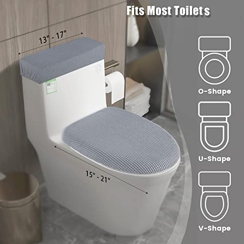 AZHCHKE Toilet Lid Cover and Toilet Tank Cover Stretch Toilet Covers Set for Bathroom, Polyester Spandex Jacquard Fabric, Machine Washable, with Elastic Bottom, Light Gray - Image 4