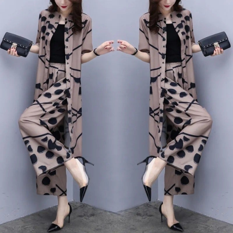Foreign Trade 2024 Summer New Arrival plus size Loose Slimming suit Slimming Cardigan Top Wide Leg Pants Two-Piece Set Picture Color 