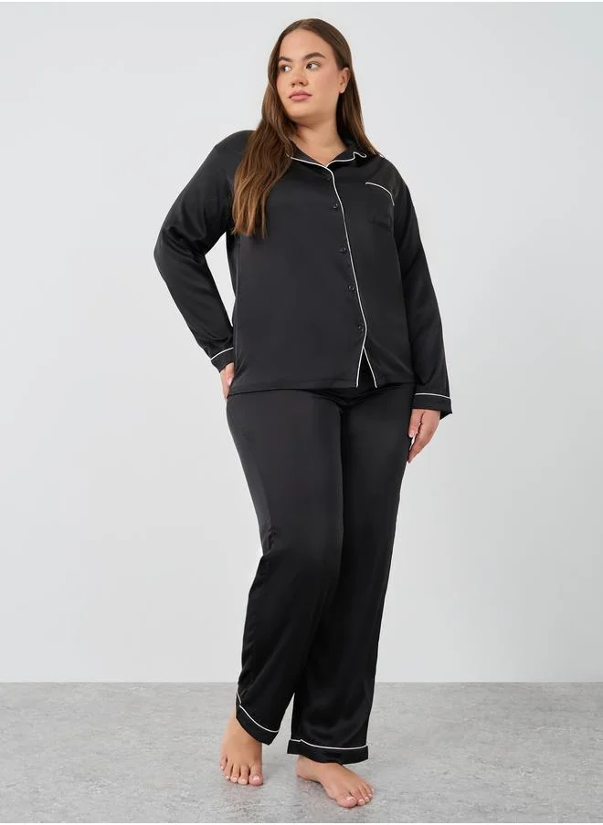 Styli Styli Plus Size Matte Satin Shirt and Pyjama Set