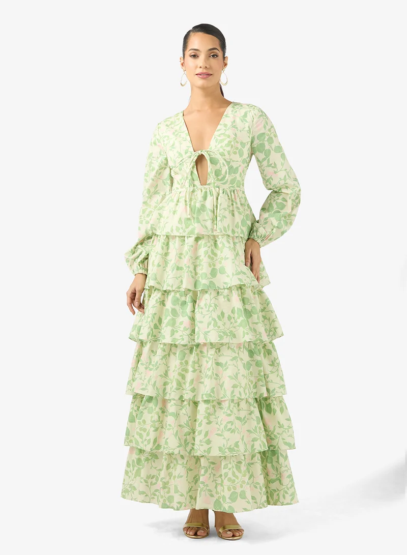 V-Neck Puff Sleeve Ruffle Dress