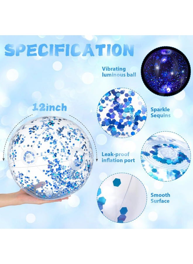 Vertintong 12 Pack 12 Inch Glow in The Dark LED Beach Ball Jumbo Confetti Glitters Inflatable Ball Swimming Pool for Party Pool Summer(Blue) - Image 2