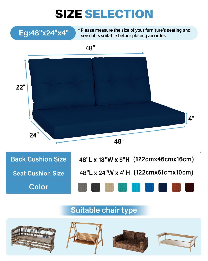 YEFU Outdoor Loveseat Cushions for Patio: Outdoor Chair Cushions - 48 x 24 Waterproof Replacement Patio Furniture Cushions - Deep Seat and Backrest Cushion Set for Patio Couch Bench Swing - Navy - Image 2