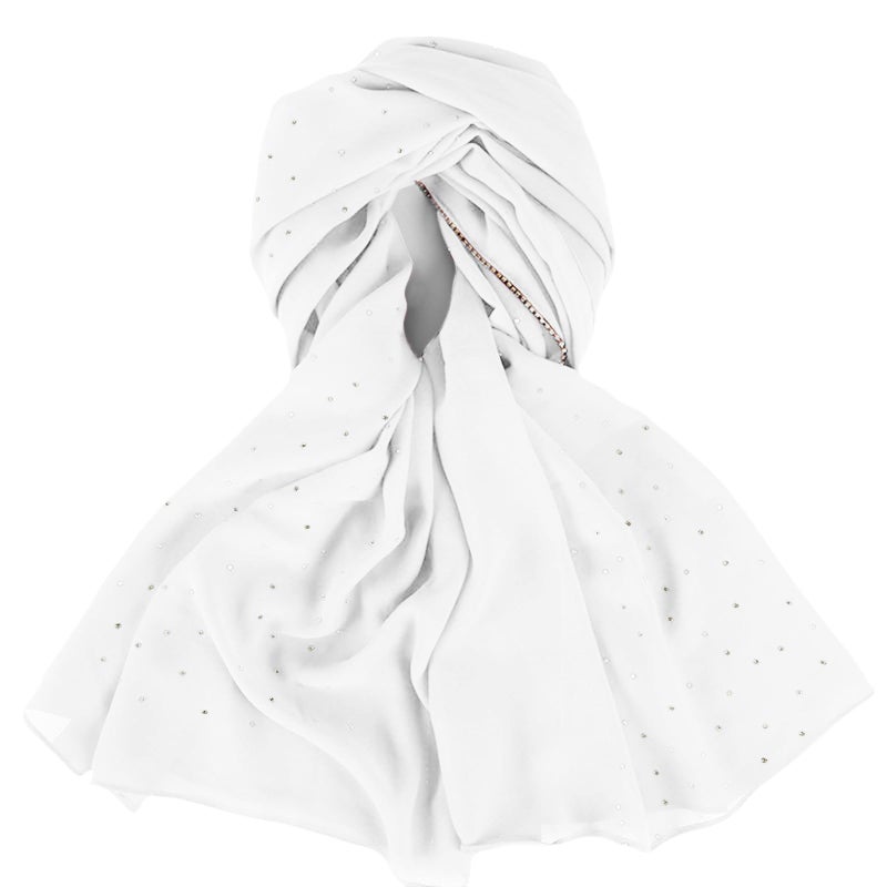 Piewag Hijab Scarf for Women Soft Chiffon Rhinestone Long Scarf Shawl Fashion Muslim Hijab Head Wrap Scarves White - Image 5