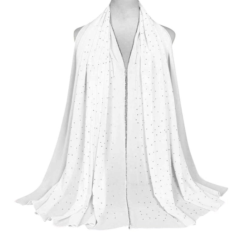 Piewag Hijab Scarf for Women Soft Chiffon Rhinestone Long Scarf Shawl Fashion Muslim Hijab Head Wrap Scarves White - Image 4