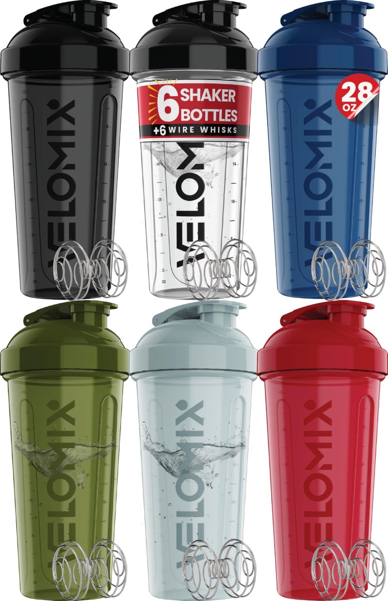 VELOMIX -6 PACK- 28 oz Protein Shaker Bottle for Protein Mixes -6x Wire Whisk | Leak Proof Shaker Cups for Protein Shakes | Large, Stackable Protein Shaker Bottle Pack - Image 1