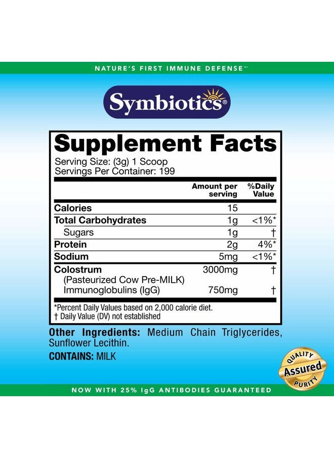 Symbiotics - Colostrum Plus Powder 21 oz (597 g) - Immunity Support - Promotes Athletic Performance and Optimal Iron Levels - Immunoglobulin - 25% lgG Antibodies - Gluten Free - Image 1