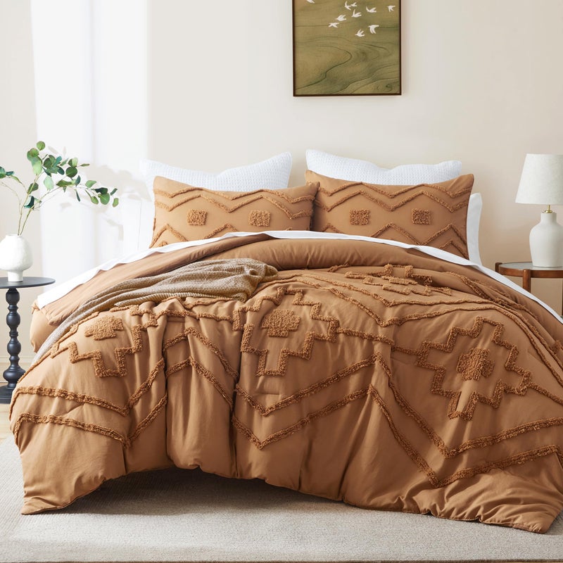 Oli Anderson Boho Tufted Comforter Set Queen Size, 3 Pcs Soft Jacquard Bedding Set for All Seasons, Shabby Chic Farmhouse Bedding Set with Comforters for All Seasons (Pumpkin, Queen) - Image 1