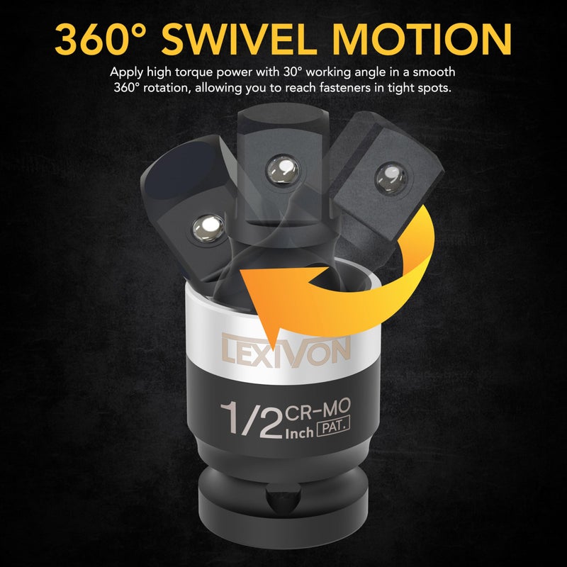 LEXIVON Impact Universal Joint - Patented SLIM Design | 3-Piece 1/2", 3/8", and 1/4" Socket Swivel Set | Chrome-Molybdenum Steel Full Impact Grade (LX-113-S) - Image 5