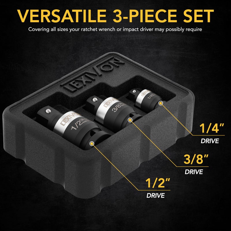 LEXIVON Impact Universal Joint - Patented SLIM Design | 3-Piece 1/2", 3/8", and 1/4" Socket Swivel Set | Chrome-Molybdenum Steel Full Impact Grade (LX-113-S) - Image 3