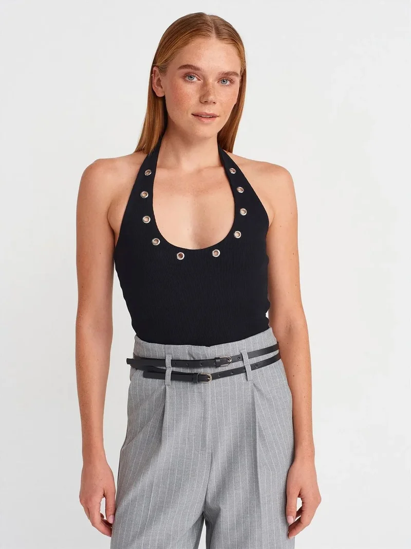 ديلفين DILVIN Crop Halterneck Ribbed Blouse With Stone Detail