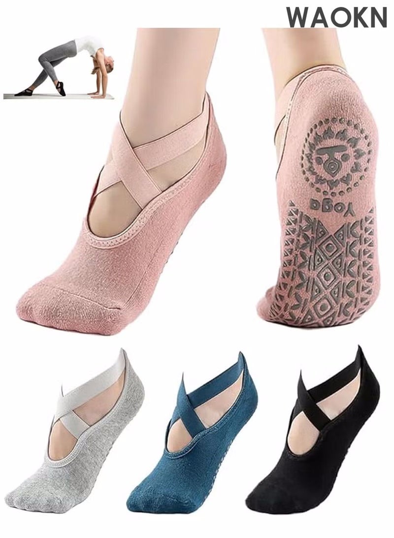 WAOKN 4 Pairs Yoga Socks，Non-Slip Cotton Socks for Pilates Pure Barre Ballet Dance Socks Comfortable, Breathable & Moisture-Wicking & Stability-Focused Barefoot Workout Socks（Pink，Black，Grey, Blue） - Image 1