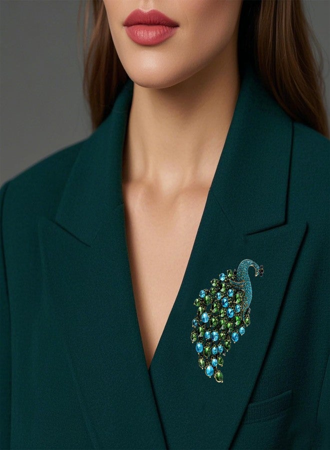 Joynaamn Rhinestone Peacock Brooch Pin for Women Girls Crystal Bird Animal Brooches Lapel Pins Dress Accessories Wedding Mother's Day Birthday Jewelry Gift, Green, 1.97*0.8 inches, Rhinestone, rhonestone - Image 3