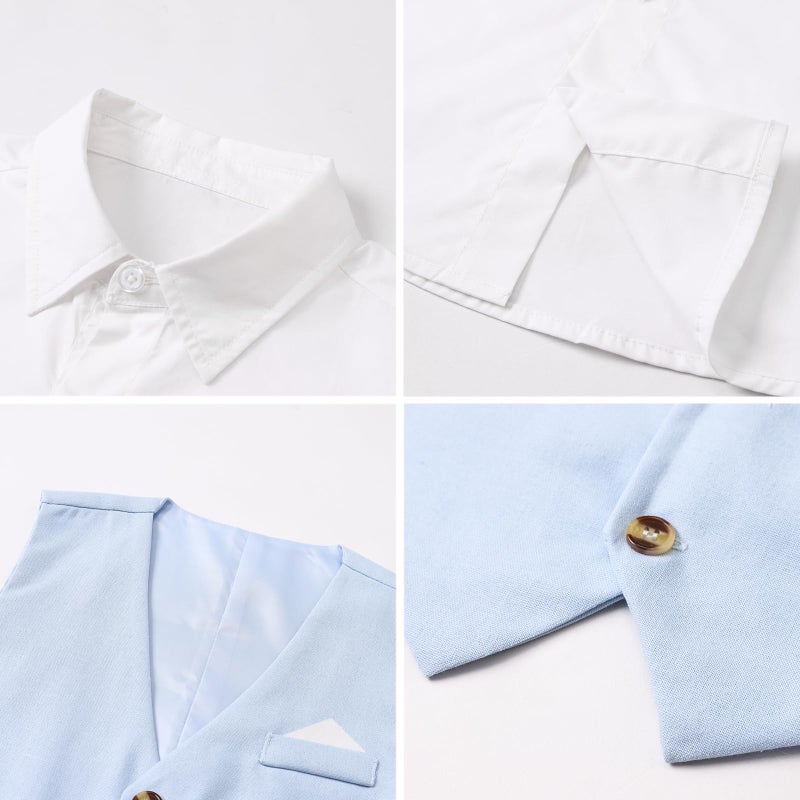 SANGTREE Boys' 5 Piece Suits, Casual Linen Suit Vest and Pant with Shirt, Bow Tie and Suspenders for Beach Wedding, Linen Blue, 3-9 Months = Tag 60 - Image 3