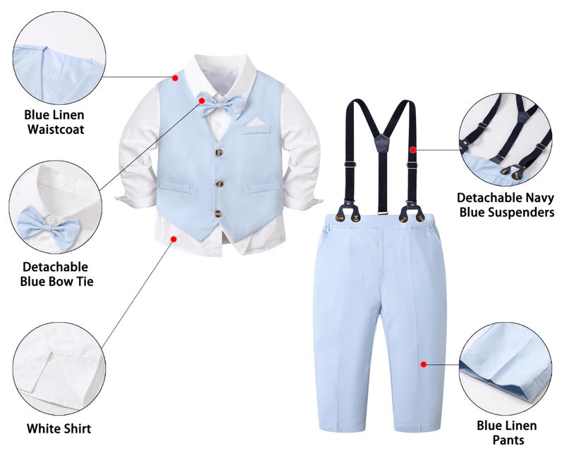SANGTREE Boys' 5 Piece Suits, Casual Linen Suit Vest and Pant with Shirt, Bow Tie and Suspenders for Beach Wedding, Linen Blue, 3-9 Months = Tag 60 - Image 2
