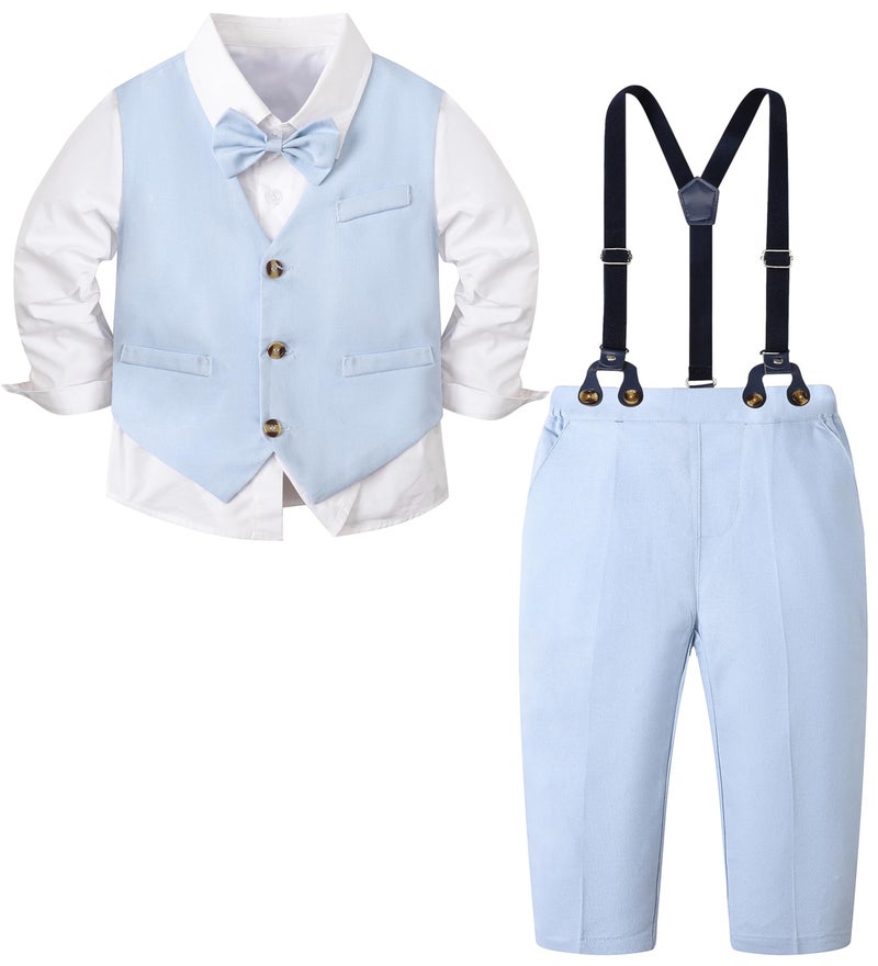SANGTREE Boys' 5 Piece Suits, Casual Linen Suit Vest and Pant with Shirt, Bow Tie and Suspenders for Beach Wedding, Linen Blue, 3-9 Months = Tag 60 - Image 1