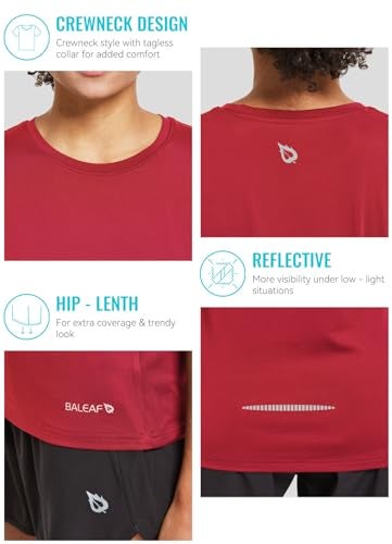 baleaf Women's Short Sleeve Running Workout Shirts Athletic Tops Lightweight Quick Dry Training Yoga Crewneck Red M - Image 5