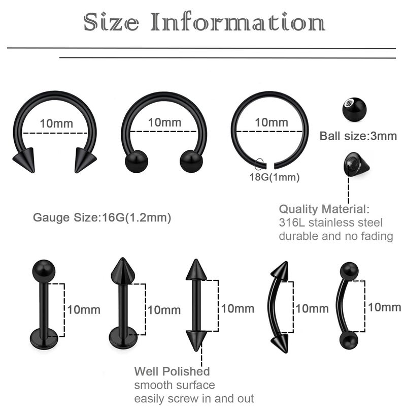 MONAZEO 40Pcs Surgical Steel Lip Rings Labret Monroe Barbell Daith Tragus Helix Piercing Septum Nose Ring Eyebrow Body Jewelry for Women Men(Black) - Image 2