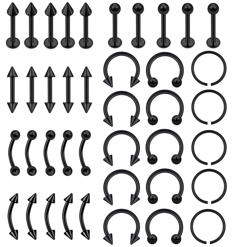 MONAZEO 40Pcs Surgical Steel Lip Rings Labret Monroe Barbell Daith Tragus Helix Piercing Septum Nose Ring Eyebrow Body Jewelry for Women Men(Black) - Image 1