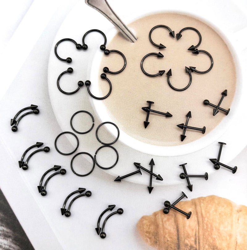 MONAZEO 40Pcs Surgical Steel Lip Rings Labret Monroe Barbell Daith Tragus Helix Piercing Septum Nose Ring Eyebrow Body Jewelry for Women Men(Black) - Image 4