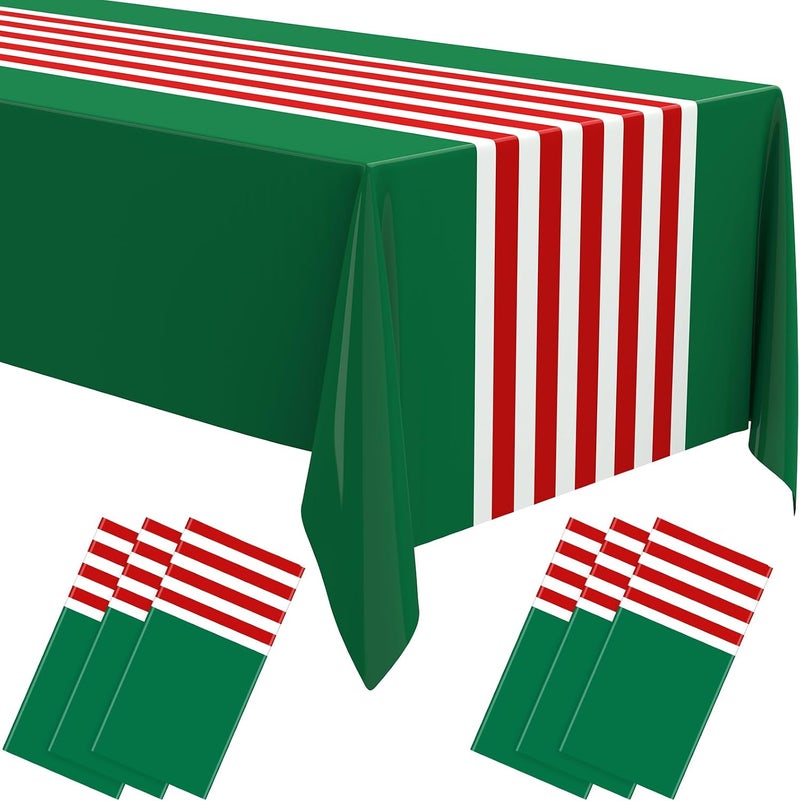 Oudain 6 Pcs Striped Tablecloth 108 x 54 Inch Disposable Plastic Table Cloth Waterproof Tablecloth Rectangle Table Cover for Birthday Wedding Bridal Party Supplies (Red White Green) - Image 1