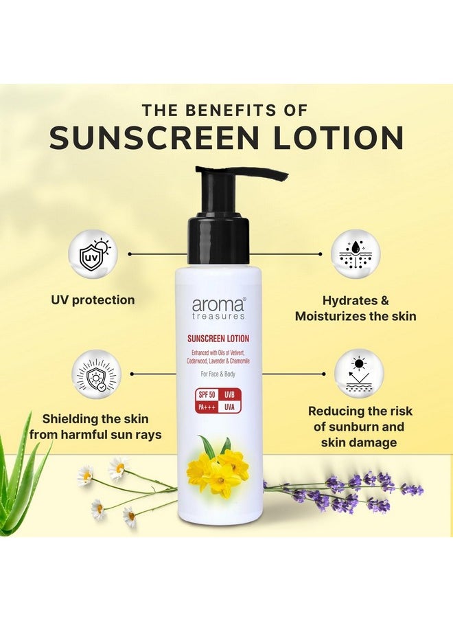 Aroma Treasures Sunscreen Lotion With Spf 50 | Water-Resistant | Uva/Uvb Protection, Infused Lavender, Chamomile & Vetivert | Easy-To-Apply For All Skin Types, Face & Body | Spf 50 | (100Gm)  - Image 1