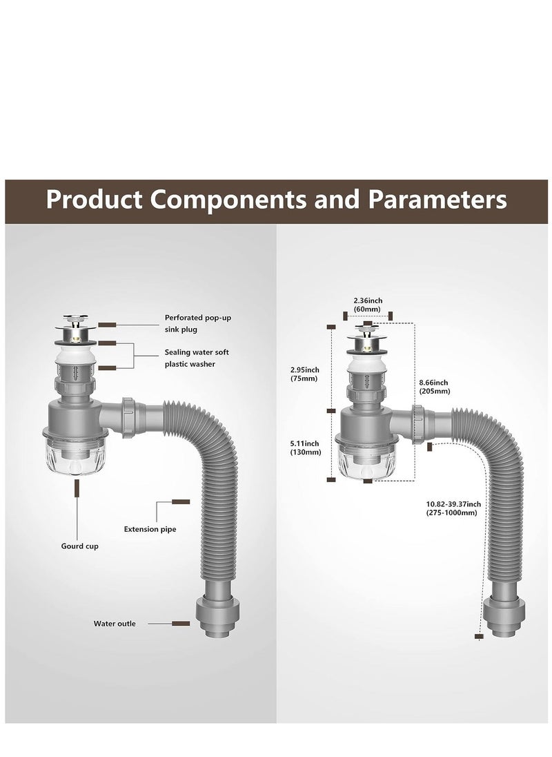 Y&D - Bathroom Sink Drain Kit with Pop-up Stopper Assembly, Flexible Expandable P-trap Pipe - Image 1