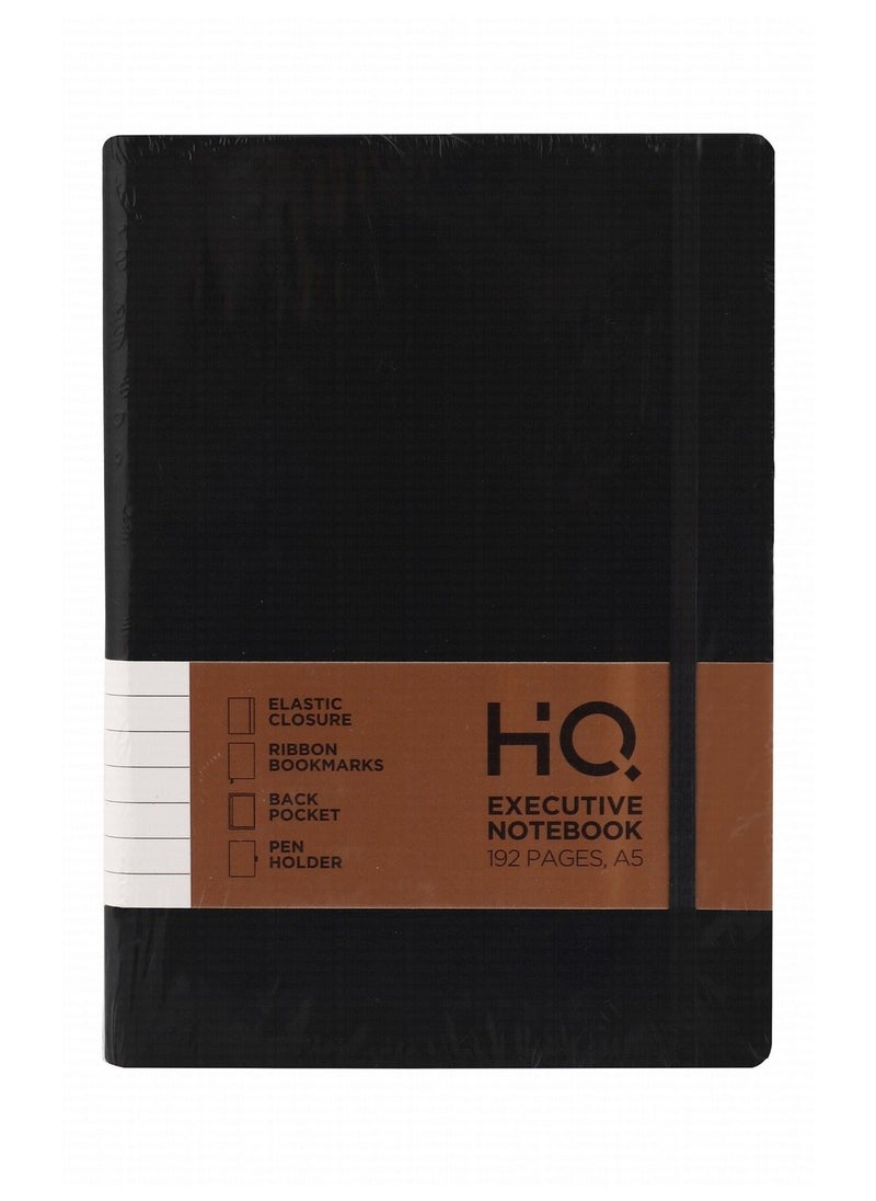 HQ - A5 Size Executive PU Cover Notebook With Elastic Closure 192 Pages Black Cover - Image 1