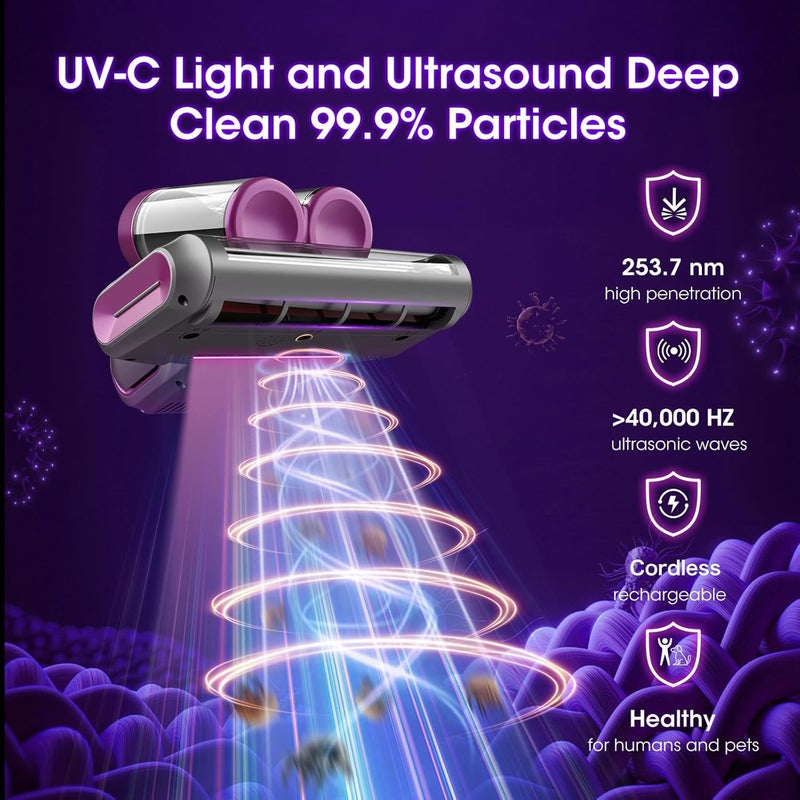 مكنسة كهربائية لاسلكية للأسرّة بضغط 16 كيلوباسكال، مكنسة يدوية، مزودة بضوء UV-C بطول موجي 253.7 نانومتر، فلتر HEPA وتقنية فوق الصوتية، مكنسات محمولة للاستخدام على الأسرّة والأرائك والأرجوحة والأسرّة الصغيرة، هدايا للنساء وأزواجهن. - Image 3