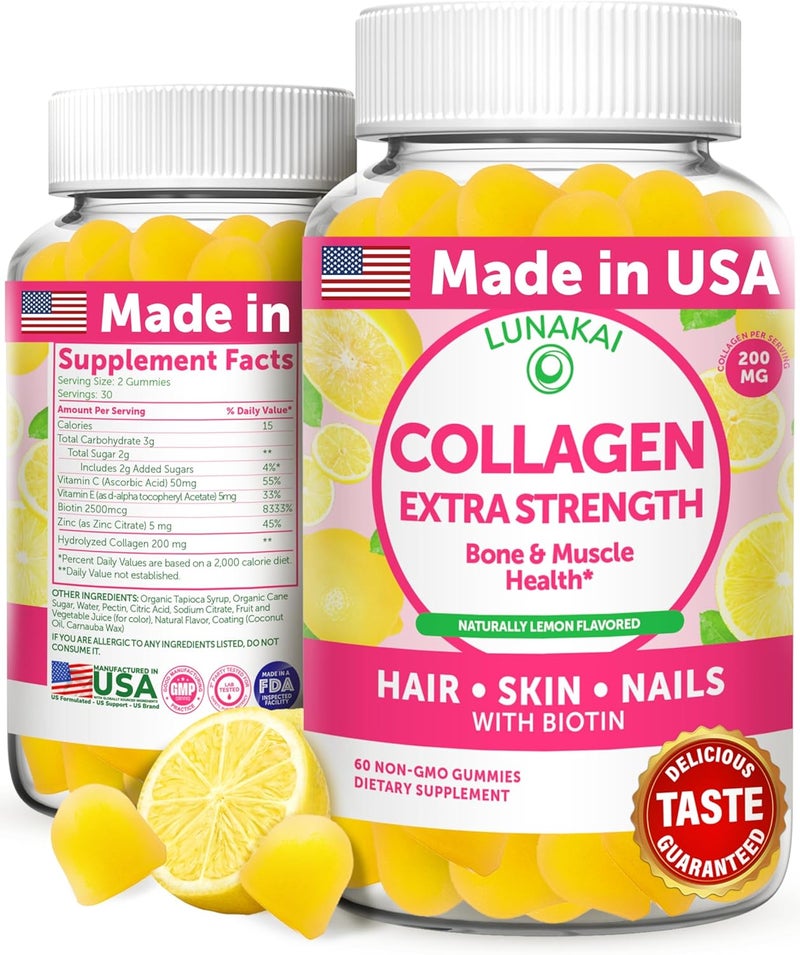 Lunakai USA Made Collagen Peptides Gummies  200mg NonGMO AntiAging Formula with Biotin Zinc Vitamins C  E for Hair Skin and Nails 60ct - Image 1