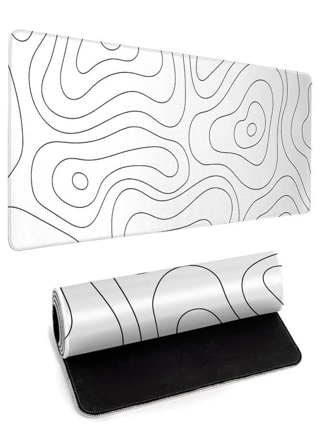 llzdeuan White Large Gaming Mouse Pad Desk Pad Topographic Map Big Keyboard Mat 31.5x11.8inch Computer Mousepad with Stitched Edge Non-Slip Rubber Base - Image 1