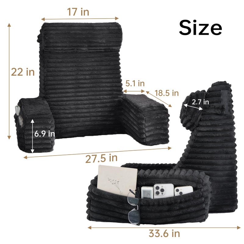 ENITYA Reading Pillow for Bed Sitting Up, 24â€ XXL Back Support Pillow with Arms & Large Pockets, Adult Backrest for Reading, TV, Gaming, Post-Surgery, Black - Image 2
