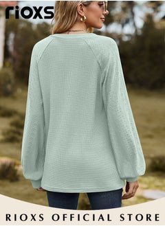 RIOXS Women's V-neck Tunic Tops, Long Sleeve Shirt Knitted Loose Sleeves Fitted Tops， Solid Color Jacquard Tops, Soft Comfortable Pullover Shirt, Simple Casual Shirt, Ladies Blouse For Outgoing Work And Daily Wear  - Image 5