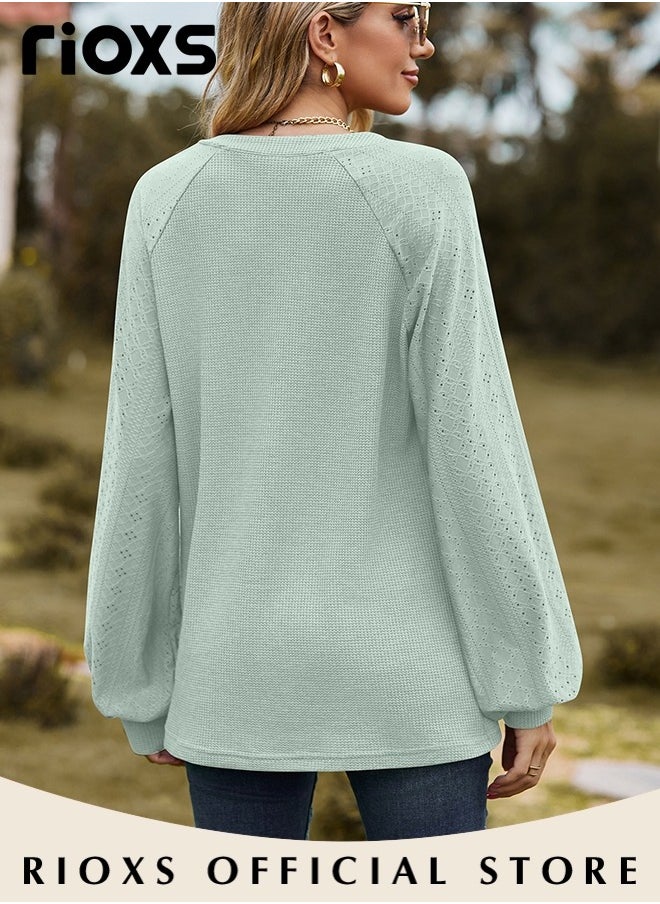 RIOXS - Women's V-neck Tunic Tops, Long Sleeve Shirt Knitted Loose Sleeves Fitted Tops， Solid Color Jacquard Tops, Soft Comfortable Pullover Shirt, Simple Casual Shirt, Ladies Blouse For Outgoing Work And Daily Wear - Image 1