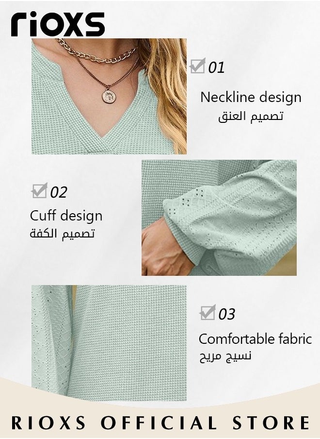 RIOXS - Women's V-neck Tunic Tops, Long Sleeve Shirt Knitted Loose Sleeves Fitted Tops， Solid Color Jacquard Tops, Soft Comfortable Pullover Shirt, Simple Casual Shirt, Ladies Blouse For Outgoing Work And Daily Wear - Image 1