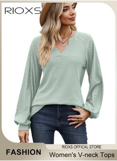 RIOXS Women's V-neck Tunic Tops, Long Sleeve Shirt Knitted Loose Sleeves Fitted Tops， Solid Color Jacquard Tops, Soft Comfortable Pullover Shirt, Simple Casual Shirt, Ladies Blouse For Outgoing Work And Daily Wear  - Image 1