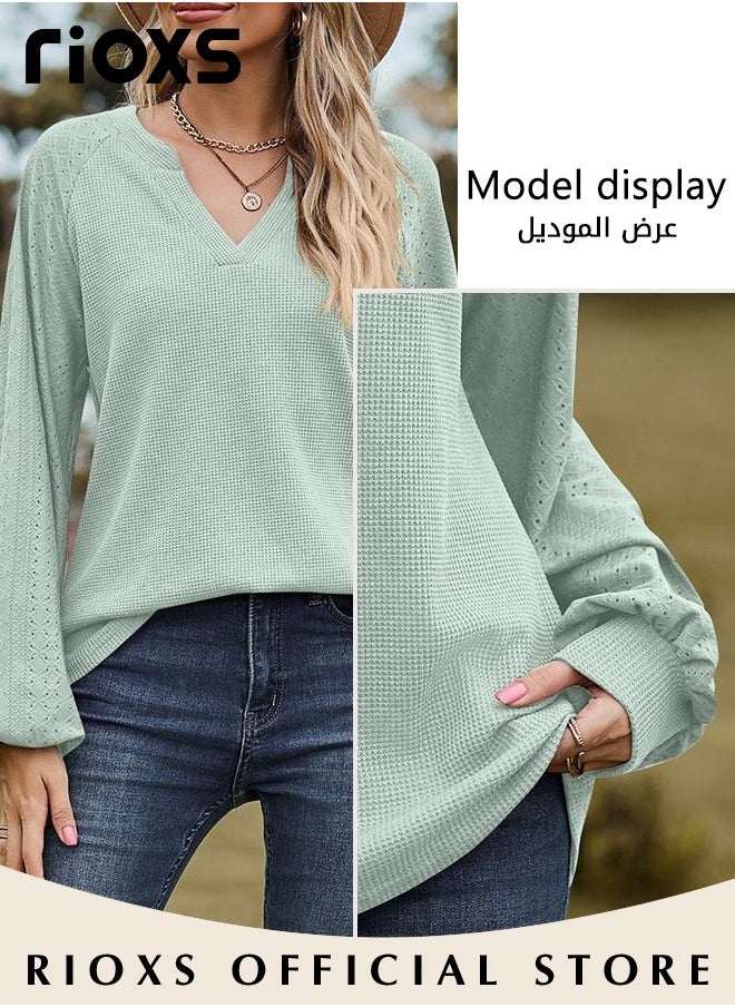 RIOXS - Women's V-neck Tunic Tops, Long Sleeve Shirt Knitted Loose Sleeves Fitted Tops， Solid Color Jacquard Tops, Soft Comfortable Pullover Shirt, Simple Casual Shirt, Ladies Blouse For Outgoing Work And Daily Wear - Image 1