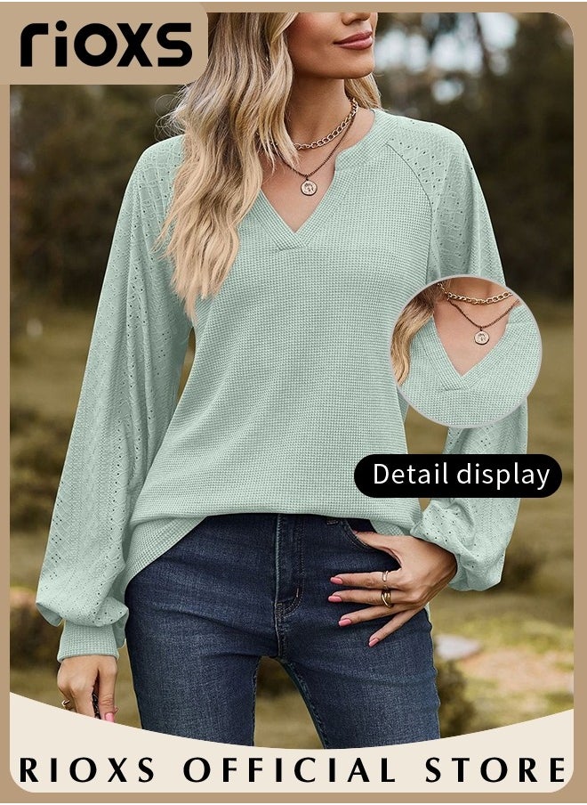 RIOXS - Women's V-neck Tunic Tops, Long Sleeve Shirt Knitted Loose Sleeves Fitted Tops， Solid Color Jacquard Tops, Soft Comfortable Pullover Shirt, Simple Casual Shirt, Ladies Blouse For Outgoing Work And Daily Wear - Image 1
