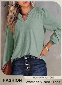 RIOXS Women's V-neck Tunic Tops, Long Sleeve Shirt Knitted Loose Sleeves Fitted Tops， Solid Color Jacquard Tops, Soft Comfortable Pullover Shirt, Simple Casual Shirt, Ladies Blouse For Outgoing Work And Daily Wear  - Image 4