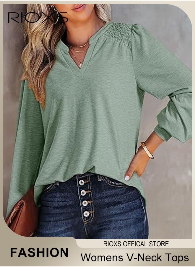 RIOXS - Women's V-neck Tunic Tops, Long Sleeve Shirt Knitted Loose Sleeves Fitted Tops， Solid Color Jacquard Tops, Soft Comfortable Pullover Shirt, Simple Casual Shirt, Ladies Blouse For Outgoing Work And Daily Wear - Image 1